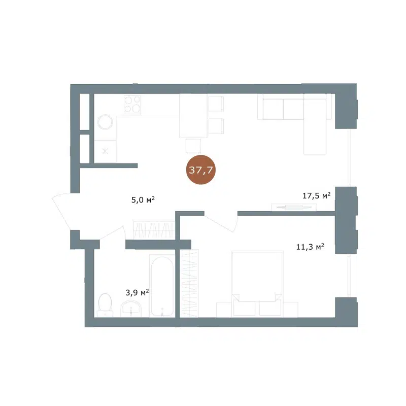 2-комнатная квартира 37.7 м² 19/56 Кварталы Телецентра