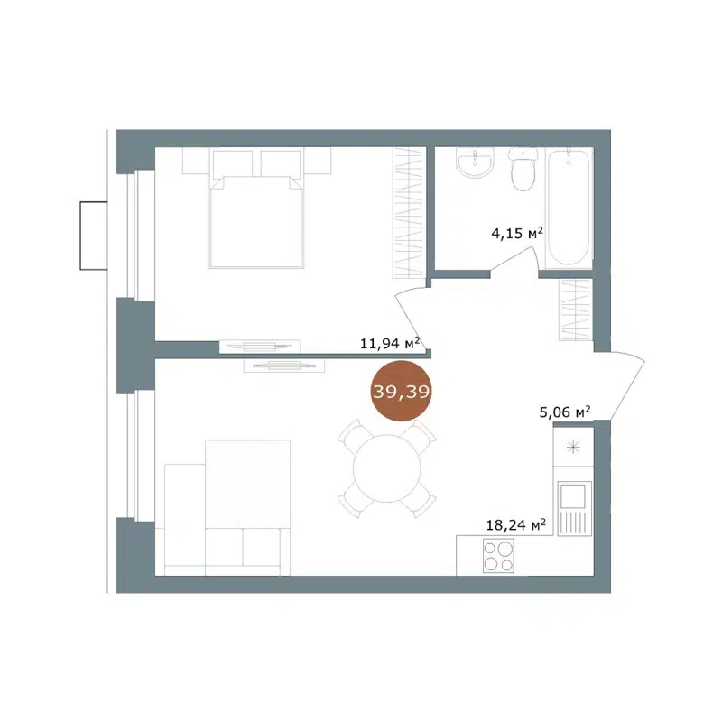 2-комнатная квартира 39.39 м² 19/56 Кварталы Телецентра