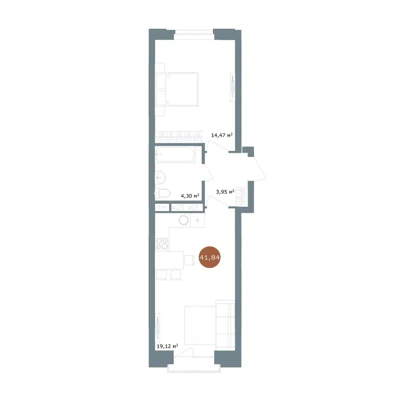 2-комнатная квартира 41.84 м² 19/56 Кварталы Телецентра