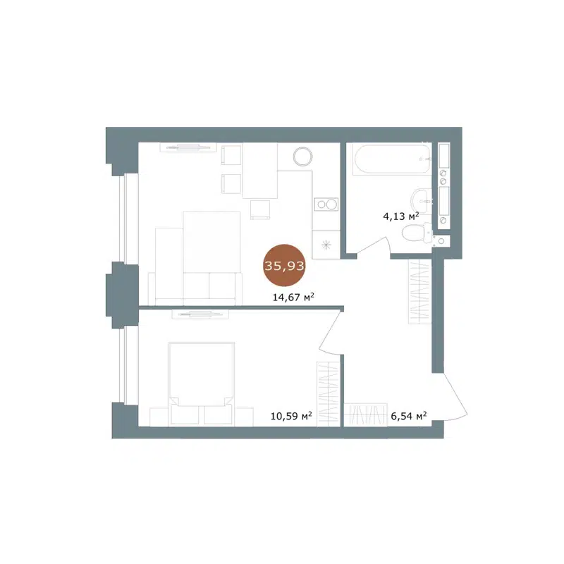 2-комнатная квартира 35.93 м² 19/56 Кварталы Телецентра