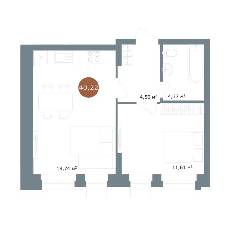 2-комнатная квартира 40.22 м² 19/56 Кварталы Телецентра
