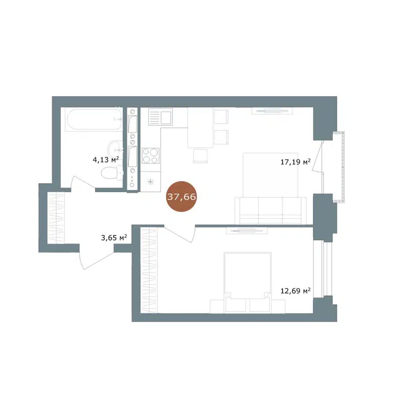 2-комнатная квартира 37.66 м² 19/56 Кварталы Телецентра