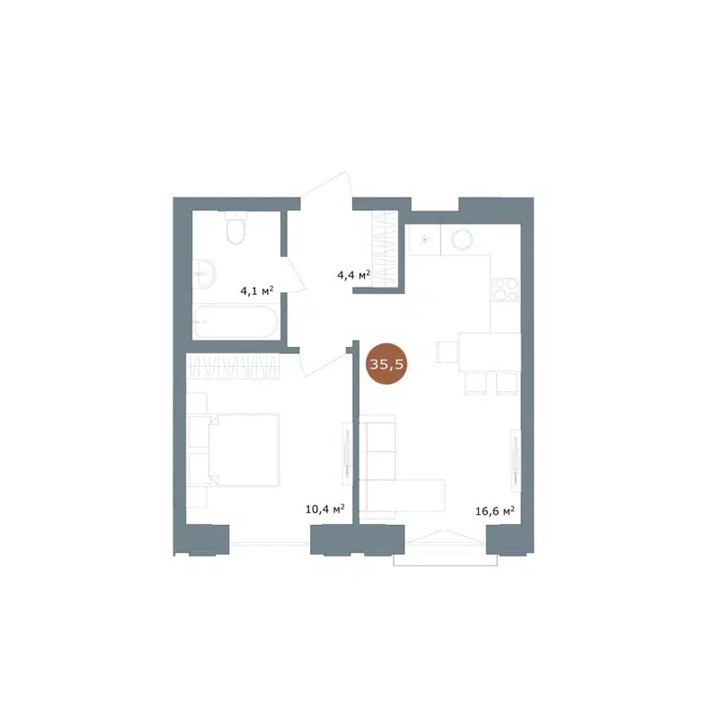 2-комнатная квартира 35.5 м² 19/56 Кварталы Телецентра