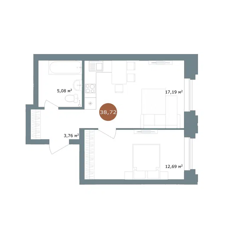 2-комнатная квартира 38.72 м² 19/56 Кварталы Телецентра