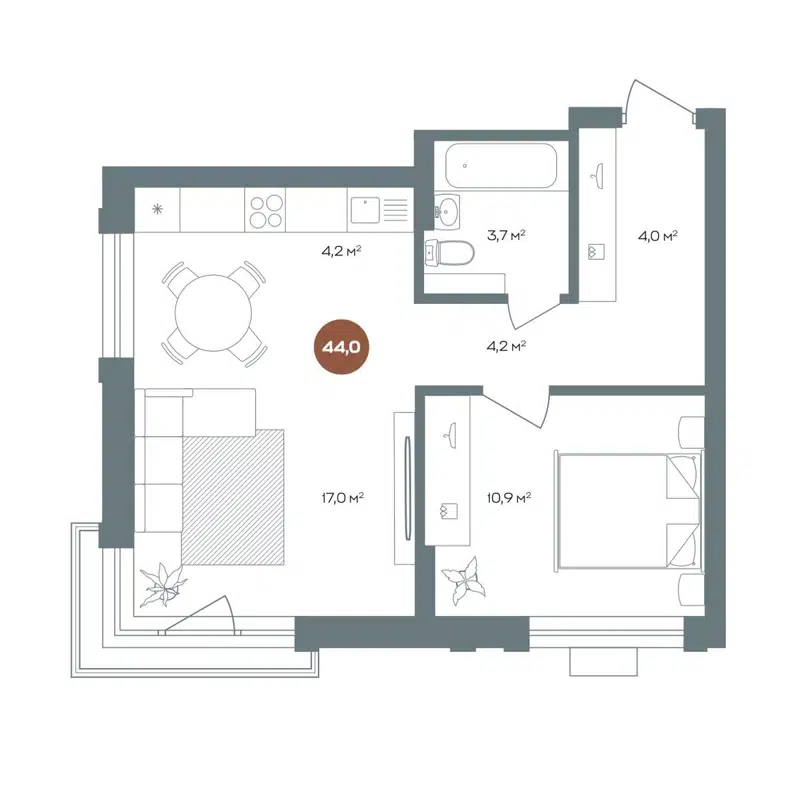 2-комнатная квартира 44 м² 19/56 Кварталы Телецентра