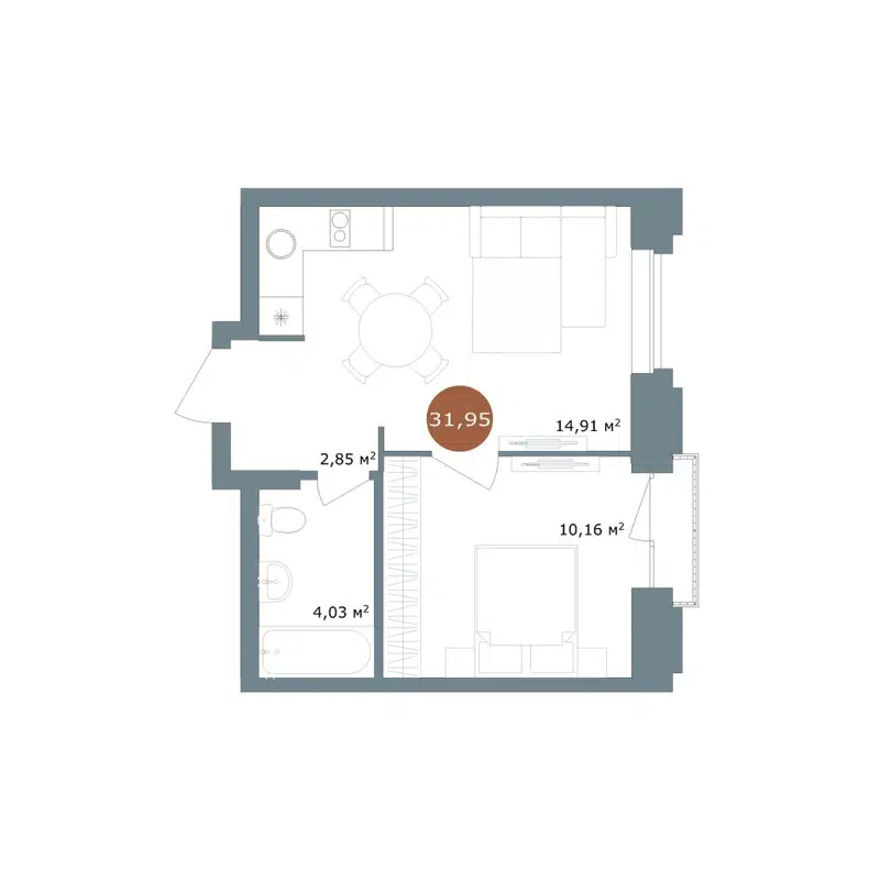 2-комнатная квартира 31.95 м² 19/56 Кварталы Телецентра