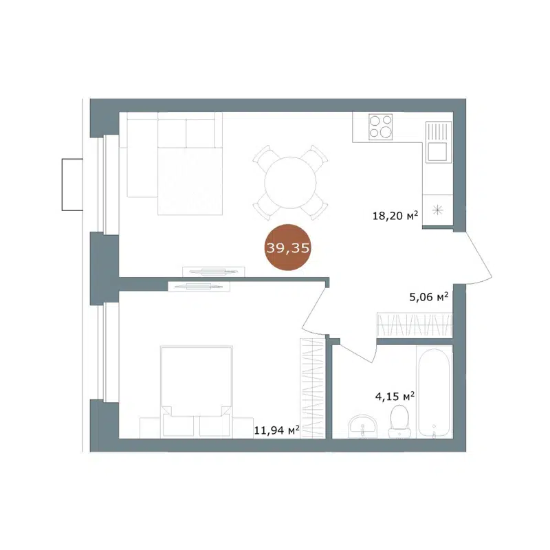 2-комнатная квартира 39.35 м² 19/56 Кварталы Телецентра