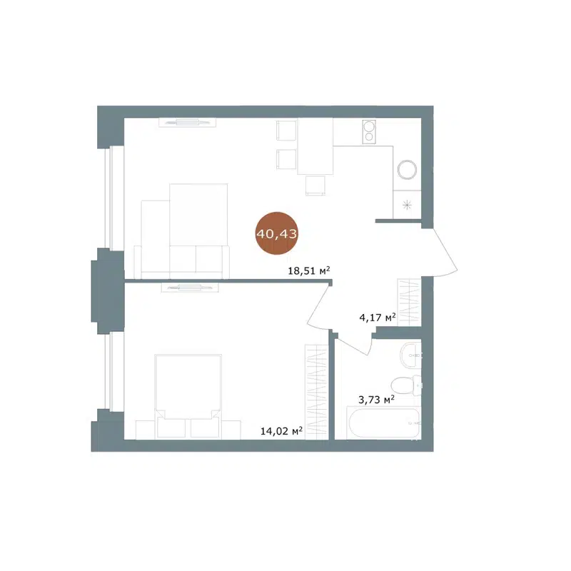 2-комнатная квартира 40.43 м² 19/56 Кварталы Телецентра