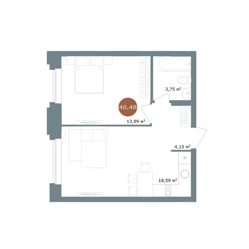2-комнатная квартира 40.48 м² 19/56 Кварталы Телецентра