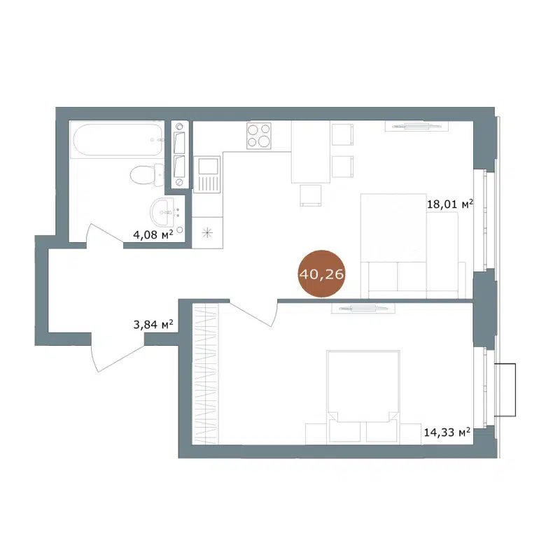 2-комнатная квартира 40.26 м² 19/56 Кварталы Телецентра