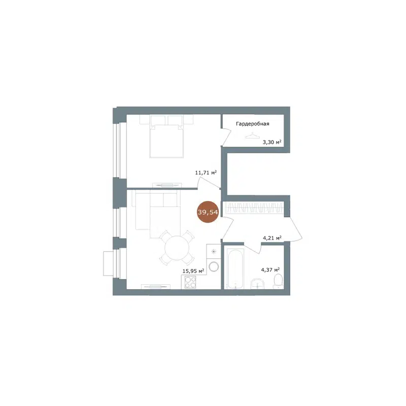 2-комнатная квартира 39.54 м² 19/56 Кварталы Телецентра