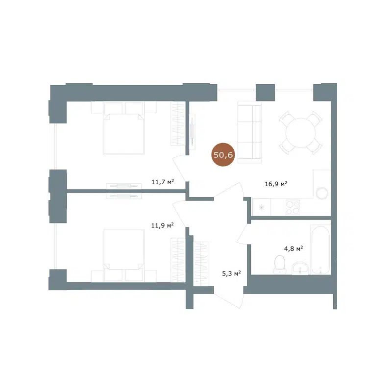 3-комнатная квартира 50.6 м² 19/56 Кварталы Телецентра