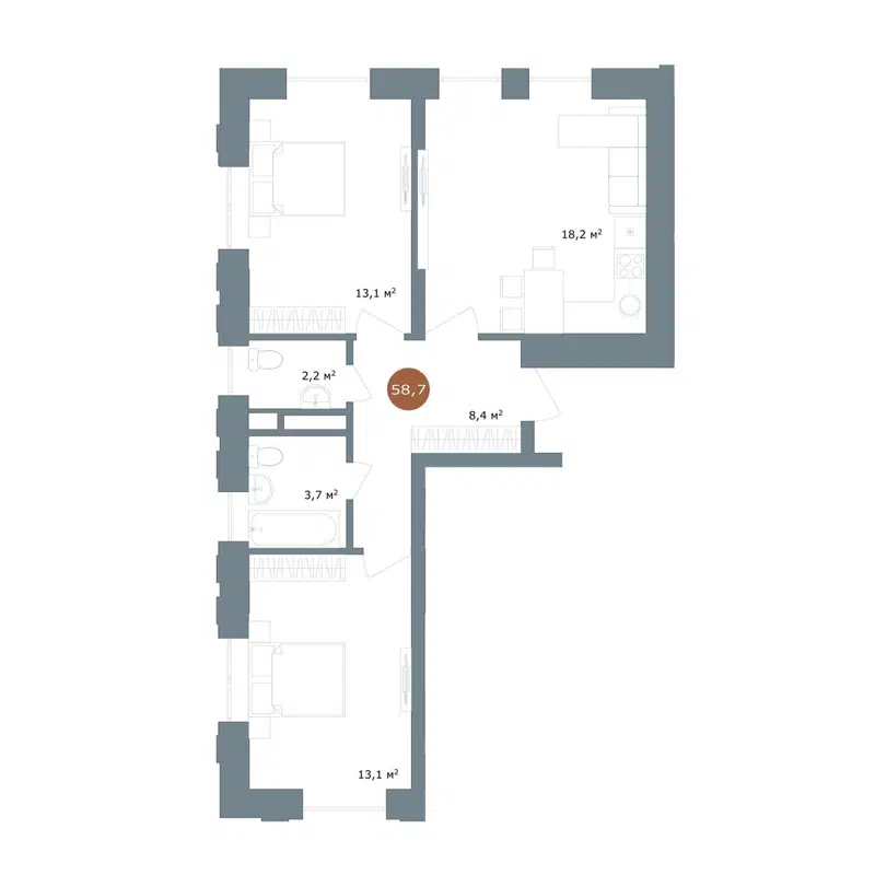 3-комнатная квартира 58.7 м² 19/56 Кварталы Телецентра