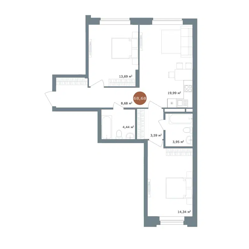 3-комнатная квартира 68.68 м² 19/56 Кварталы Телецентра