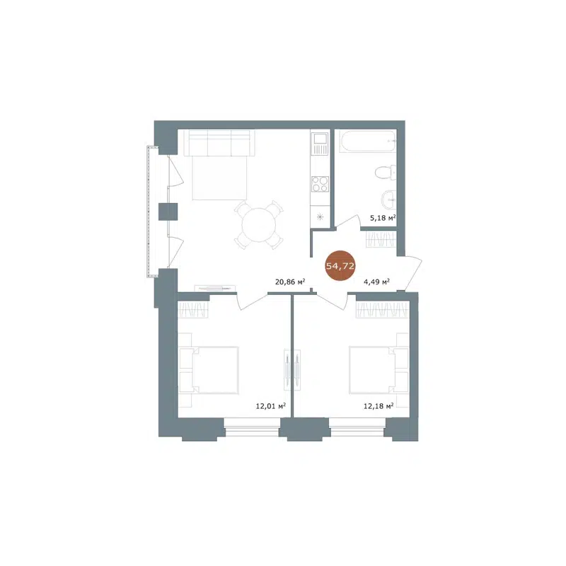 3-комнатная квартира 54.72 м² 19/56 Кварталы Телецентра