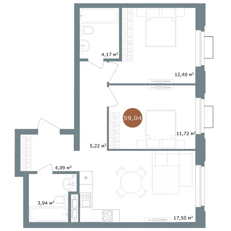 3-комнатная квартира 59.04 м² 19/56 Кварталы Телецентра