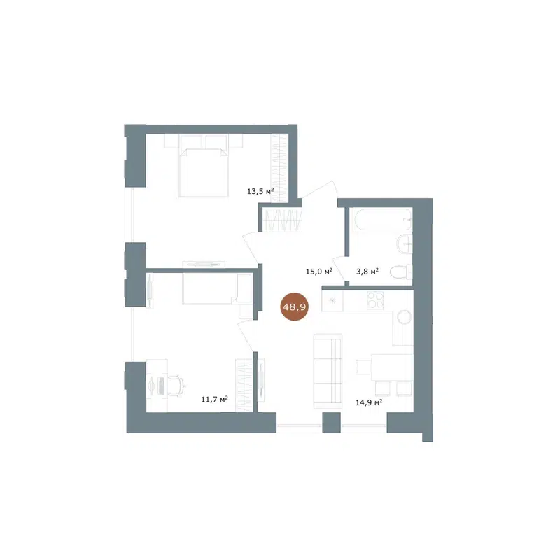 3-комнатная квартира 48.9 м² 19/56 Кварталы Телецентра