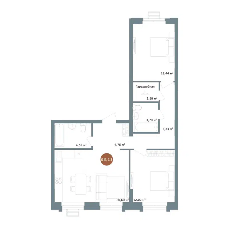 3-комнатная квартира 68.12 м² 19/56 Кварталы Телецентра