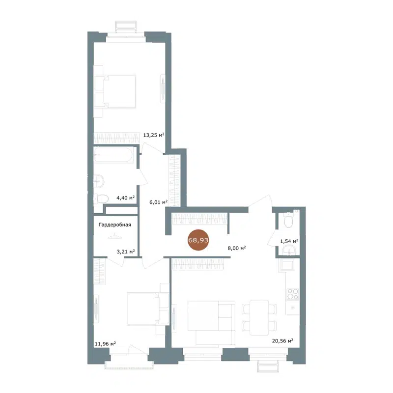 3-комнатная квартира 68.93 м² 19/56 Кварталы Телецентра