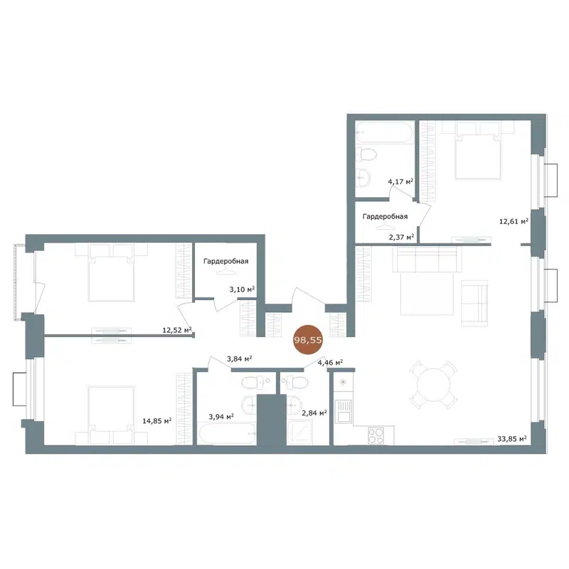 3-комнатная квартира 98.55 м² 19/56 Кварталы Телецентра