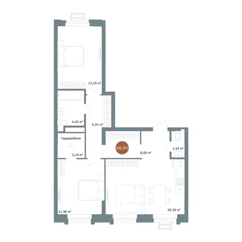 3-комнатная квартира 68.91 м² 19/56 Кварталы Телецентра