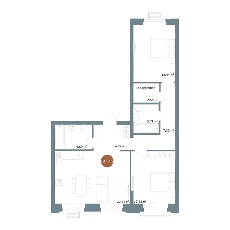 3-комнатная квартира 68.18 м² 19/56 Кварталы Телецентра