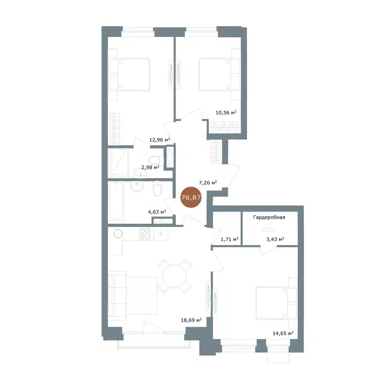 4-комнатная квартира 76.87 м² 19/56 Кварталы Телецентра