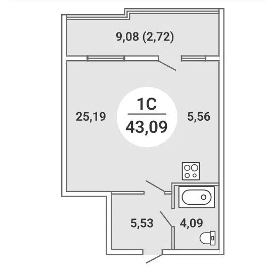 Студия 43.09 м² Сергиев Пассаж