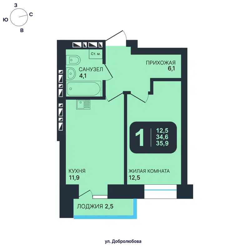 1-комнатная квартира 35.9 м² Никольский парк