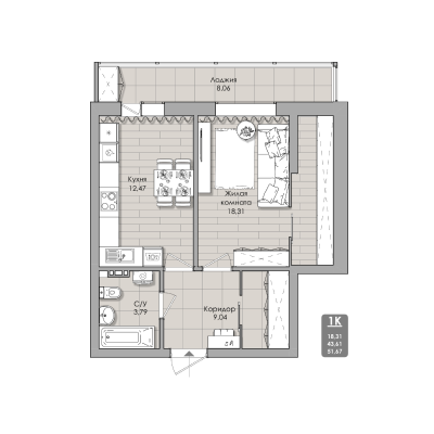 1-комнатные апартаменты 51.67 м² Nova apart