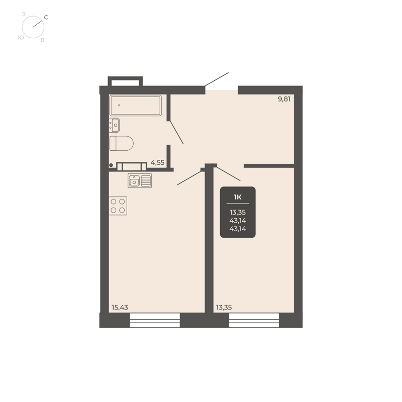 1-комнатные апартаменты 43.14 м² Nova apart