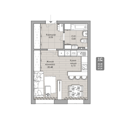 1-комнатные апартаменты 37.29 м² Nova apart