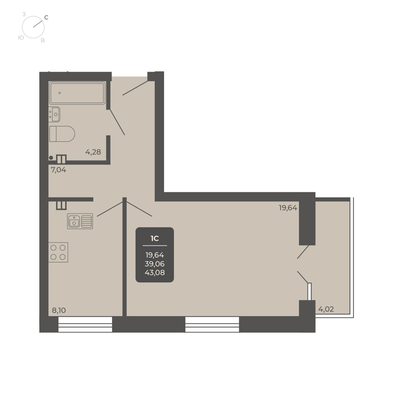1-комнатные апартаменты 42.7 м² Nova apart