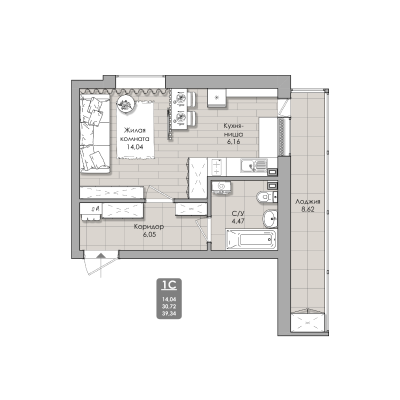 1-комнатные апартаменты 39.34 м² Nova apart