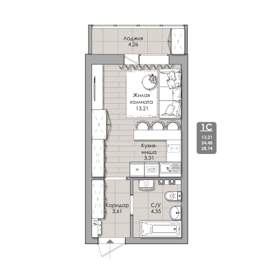1-комнатные апартаменты 28.74 м² Nova apart