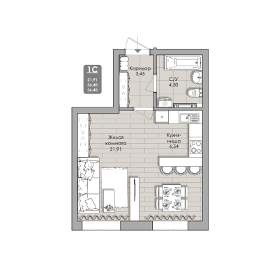 1-комнатные апартаменты 36.4 м² Nova apart