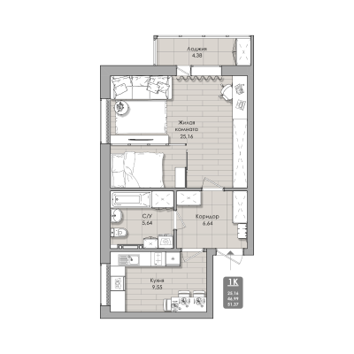 1-комнатные апартаменты 51.37 м² Nova apart