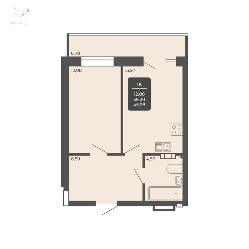 1-комнатные апартаменты 45.4 м² Nova apart