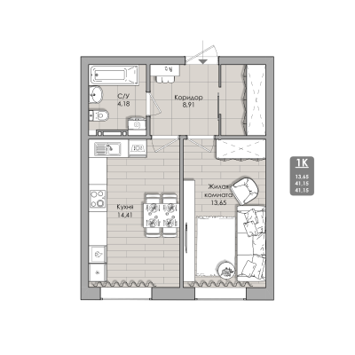 1-комнатные апартаменты 41.15 м² Nova apart