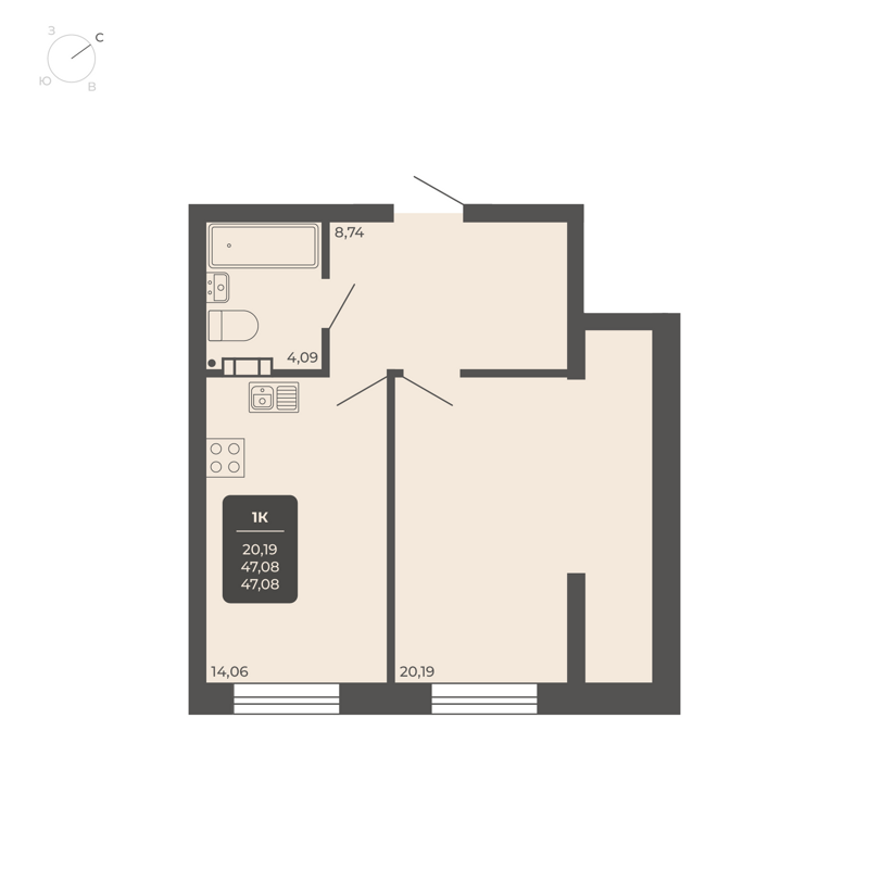 1-комнатные апартаменты 47.08 м² Nova apart