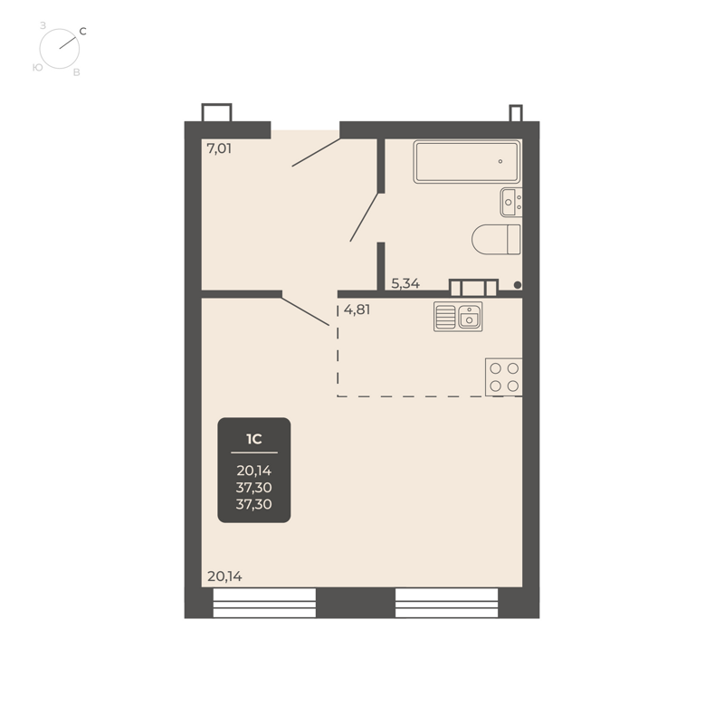 1-комнатные апартаменты 37.3 м² Nova apart