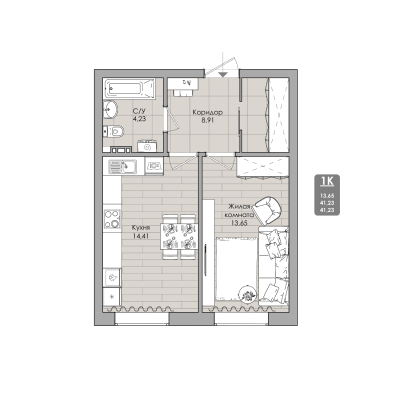 1-комнатные апартаменты 41.2 м² Nova apart