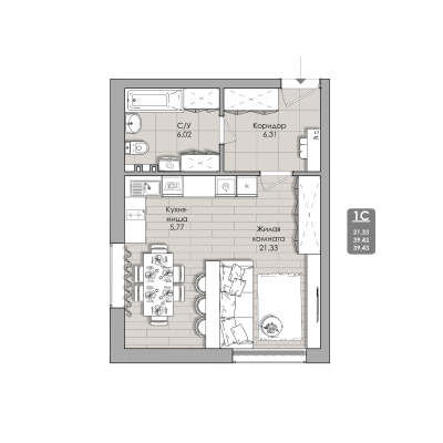 1-комнатные апартаменты 39.43 м² Nova apart