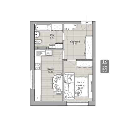1-комнатные апартаменты 38.7 м² Nova apart