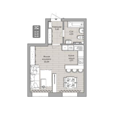 1-комнатные апартаменты 36.45 м² Nova apart