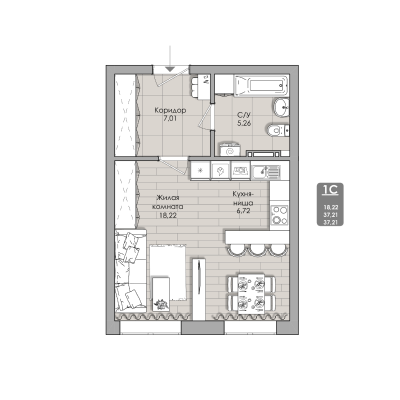 1-комнатные апартаменты 37.21 м² Nova apart