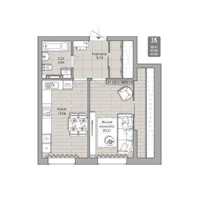 1-комнатные апартаменты 47.05 м² Nova apart