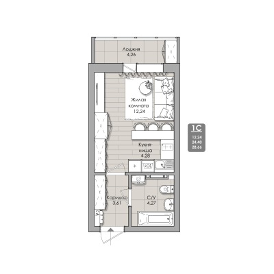 1-комнатные апартаменты 28.66 м² Nova apart