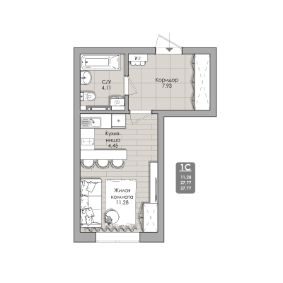1-комнатные апартаменты 27.77 м² Nova apart