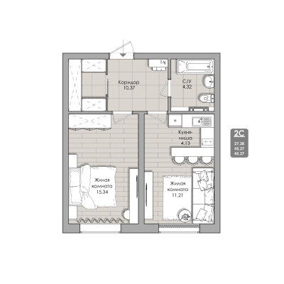 2-комнатные апартаменты 45.37 м² Nova apart